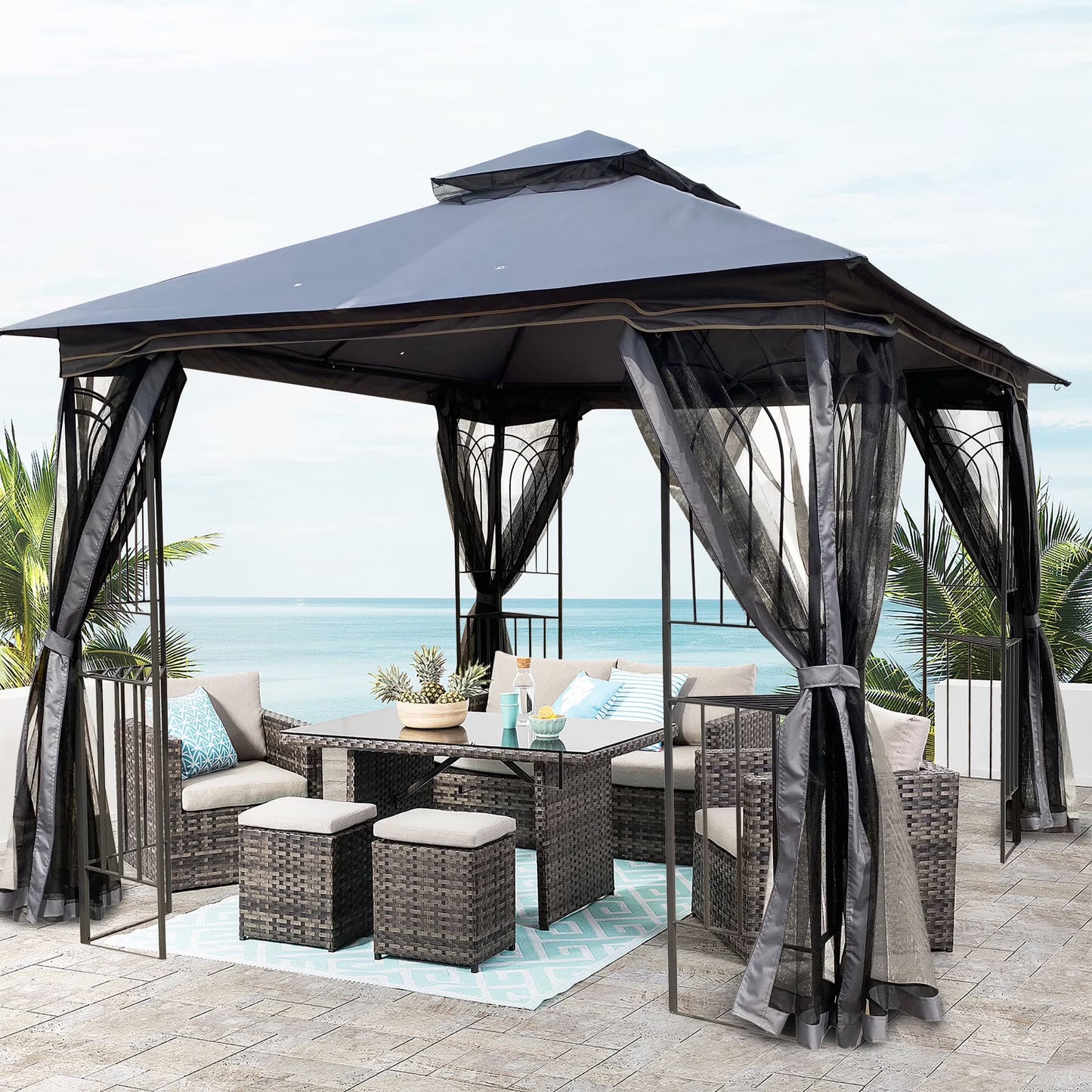 Perfect Garden 13x10ft Patio Gazebo, Metal Frame with Double Roof and Mosquito Net, Brown