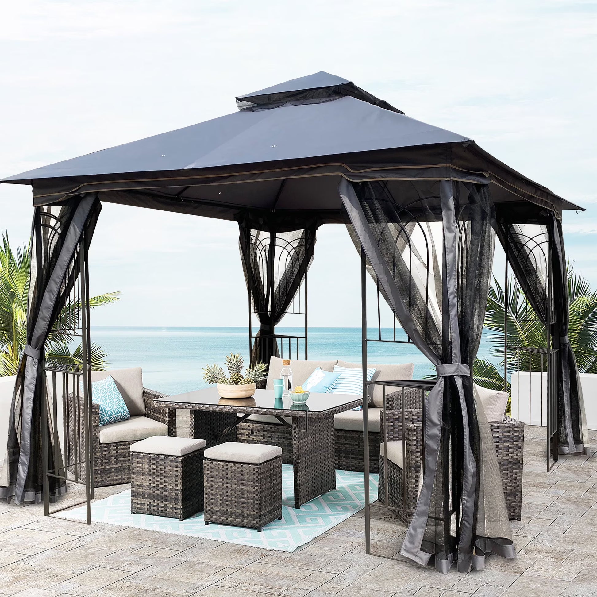 Perfect Garden 13x10ft Patio Gazebo, Metal Frame with Double Roof and Mosquito Net, Brown