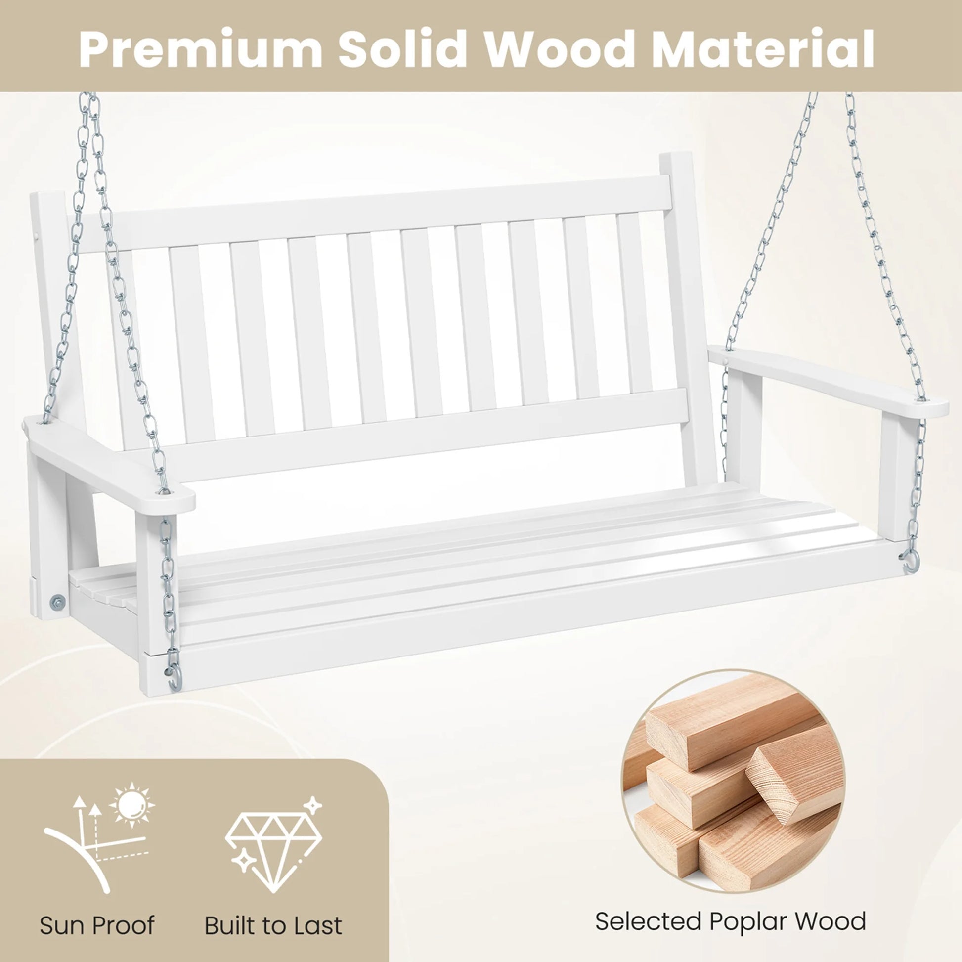 Costway 3-Person Wooden Outdoor Porch Swing Heavy Duty Patio Hanging Bench Chair White