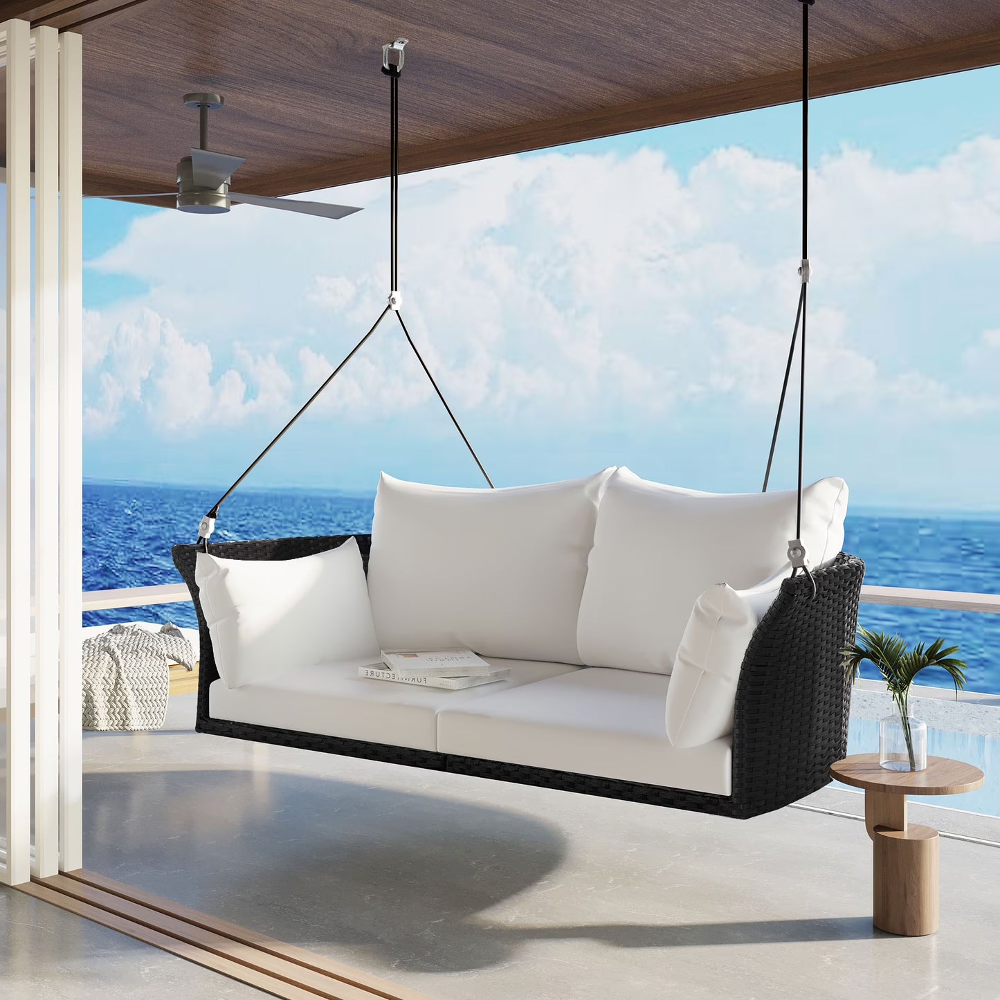 51.9" 2 Seat Patio Swing Chair, Rattan Woven Porch Swing with Adjustable Ropes, Cushion and Pillow, Wicker Outdoor Hanging Bench for Garden Yard, 500LBS Weight Capacity, Black and White