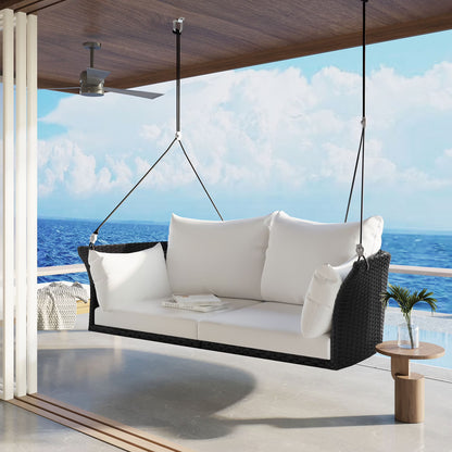 51.9" 2 Seat Patio Swing Chair, Rattan Woven Porch Swing with Adjustable Ropes, Cushion and Pillow, Wicker Outdoor Hanging Bench for Garden Yard, 500LBS Weight Capacity, Black and White