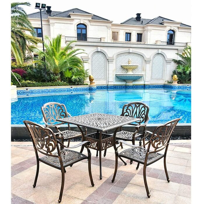 LVUYOYO 35.4" Outdoor Patio Bistro Dining Square Table Weather Resistant Cast Aluminum Conversation Table with 2.2" Umbrella Hole