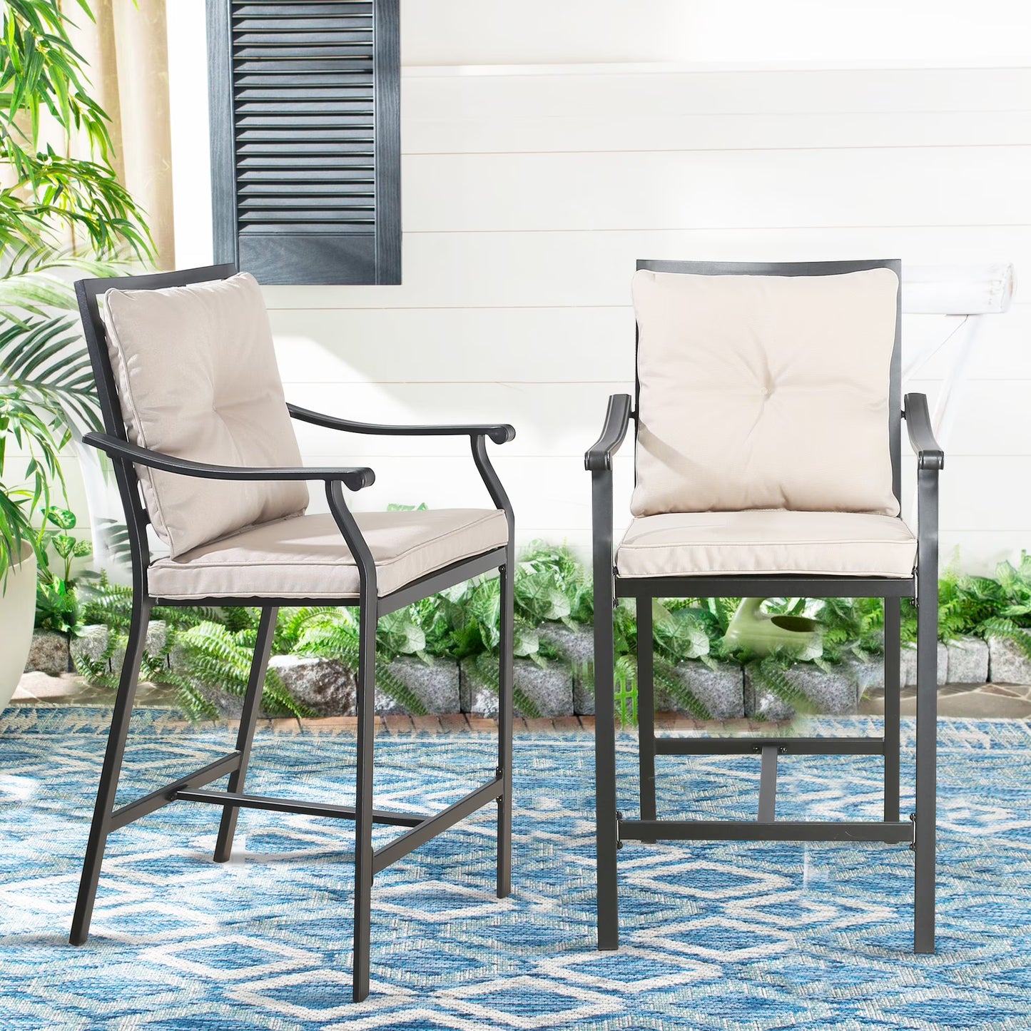 Ulax Furniture Outdoor Bar Stools Metal Patio Counter Height Bar Stool Chairs with Beige Cushion, Set of 2