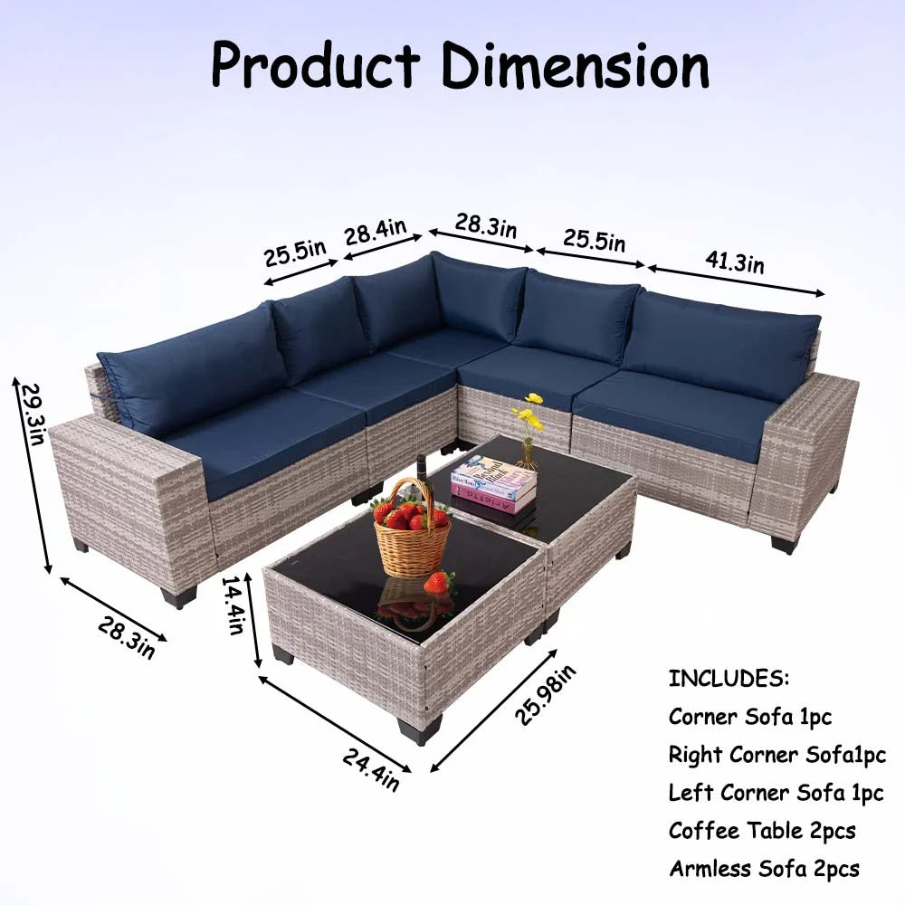 HISUKOY 7-Piece Modular Outdoor Sectional Wicker Patio Conversation Set,Outdoor Couch,All Weather Patio Conversation Sets with Washable Cushions and Glass Table, Rattan Wicker Couch for Garden