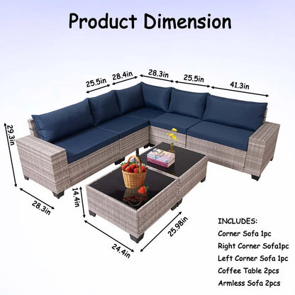 HISUKOY 7-Piece Modular Outdoor Sectional Wicker Patio Conversation Set,Outdoor Couch,All Weather Patio Conversation Sets with Washable Cushions and Glass Table, Rattan Wicker Couch for Garden