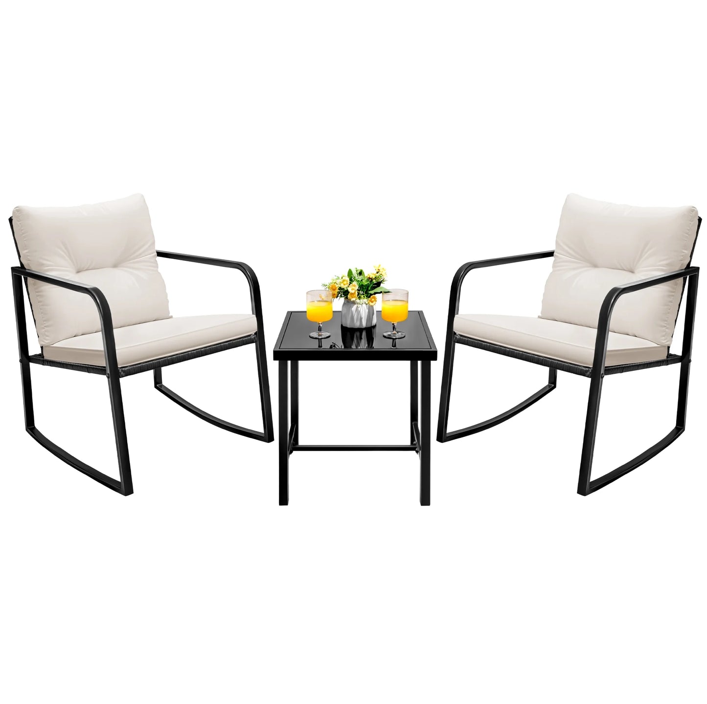 Devoko 3 Pieces Rocking Patio Furniture Sets Outdoor Rocking Chair PE Rattan Bistro Rocker Conversation Sets with Coffee Table for Garden, Beige