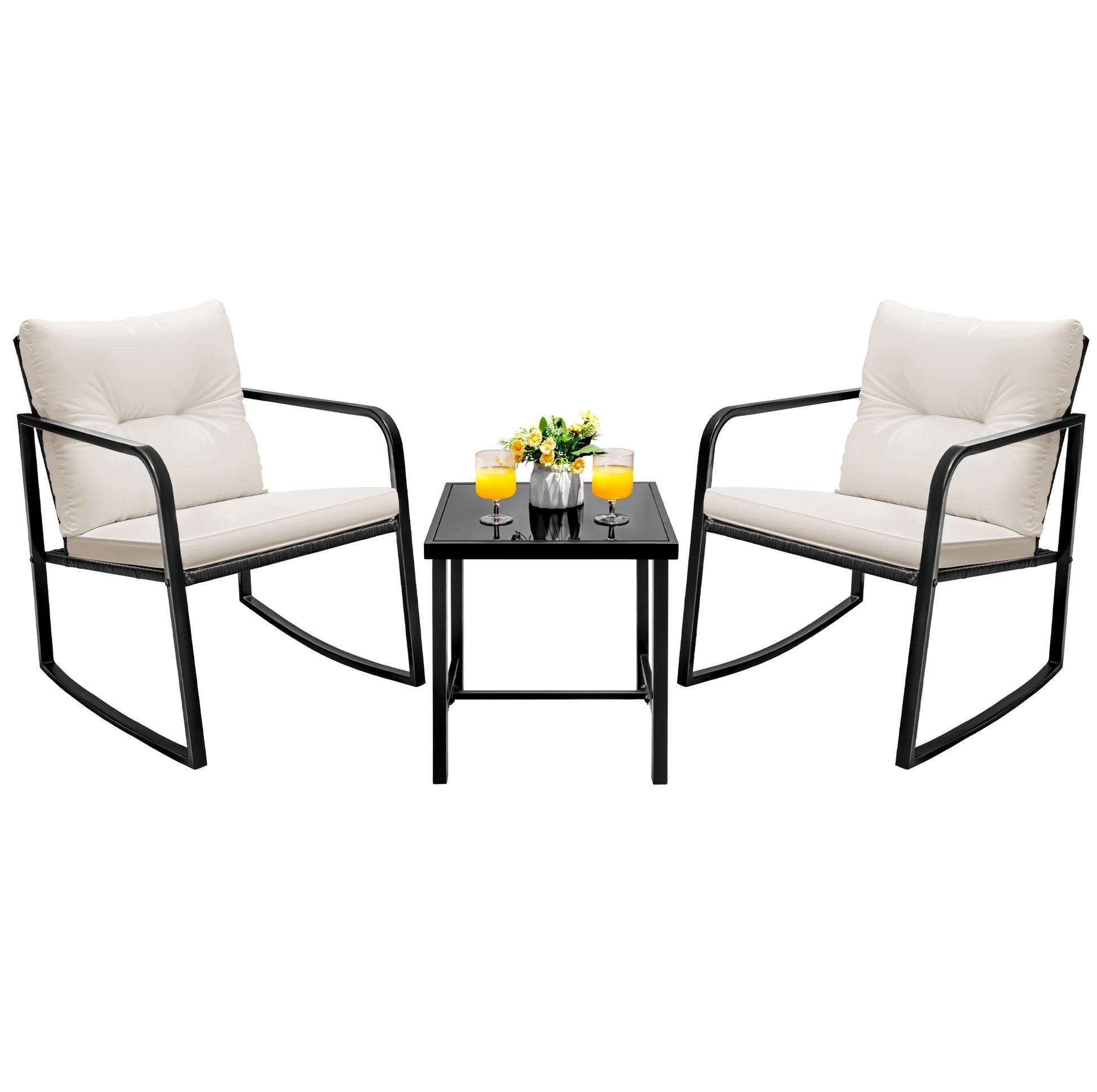 Devoko 3 Pieces Rocking Patio Furniture Sets Outdoor Rocking Chair PE Rattan Bistro Rocker Conversation Sets with Coffee Table for Garden, Beige