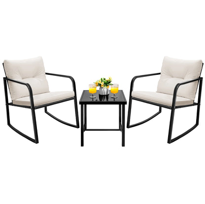 Devoko 3 Pieces Rocking Patio Furniture Sets Outdoor Rocking Chair PE Rattan Bistro Rocker Conversation Sets with Coffee Table for Garden, Beige