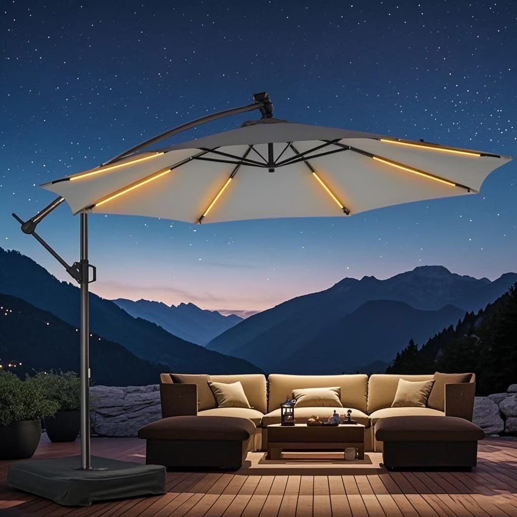 10ft Patio Umbrella Offset with Solar Light and Base,Offset Hanging Patio Outdoor Market Umbrella with Easy Tilt and Crank,for Yard,Garden,Home,Pool & Deck,Green