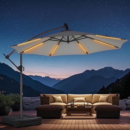 10ft Patio Umbrella Offset with Solar Light and Base,Offset Hanging Patio Outdoor Market Umbrella with Easy Tilt and Crank,for Yard,Garden,Home,Pool & Deck,Green