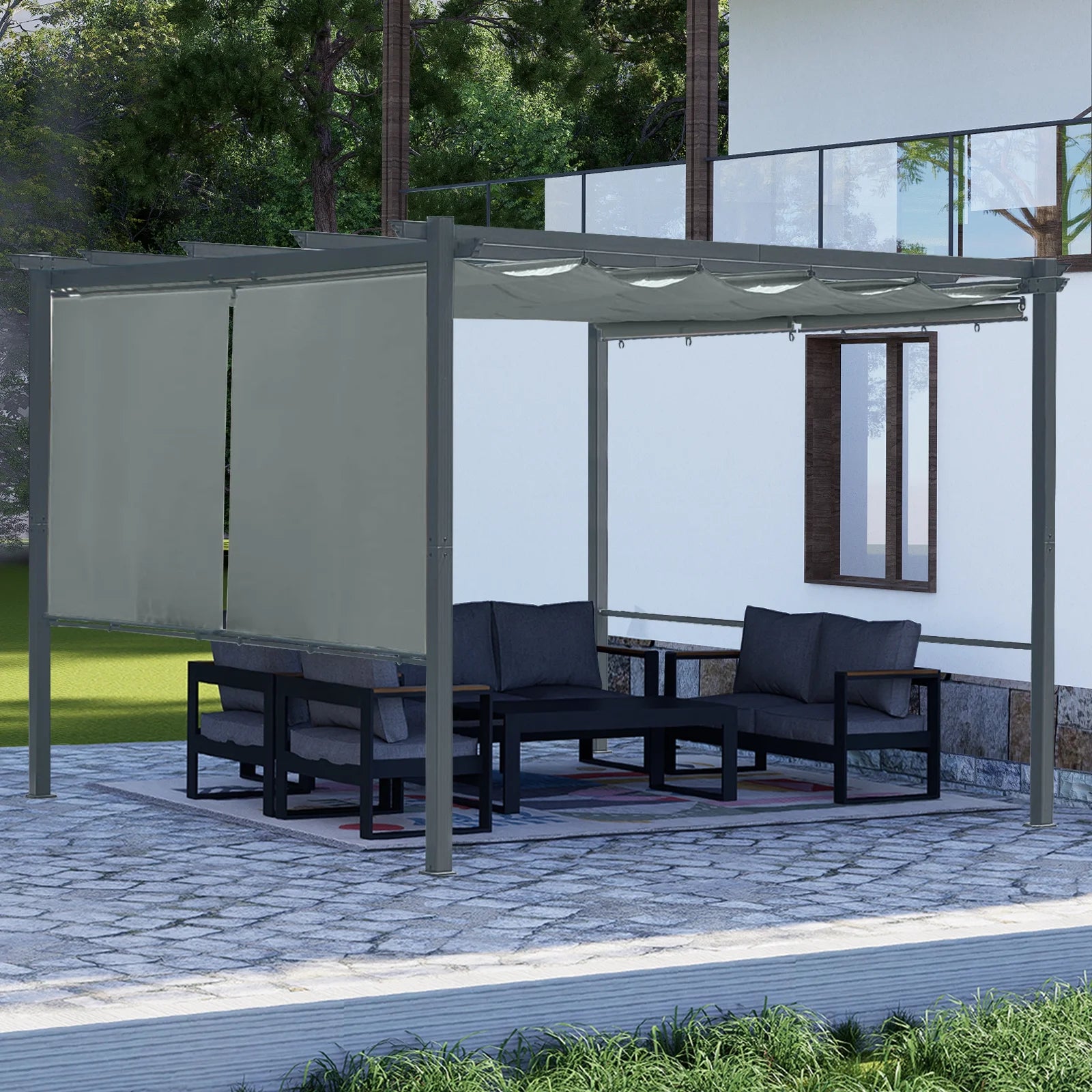 Aoodor 12 x 10 ft Outdoor Pergola with Retractable Shade Canopy, Dark Gray Matte Aluminum Frame, 4 Pieces Roller Shade Curtain, Grape Trellis Pergola for Patio Backyard -Dark Brown