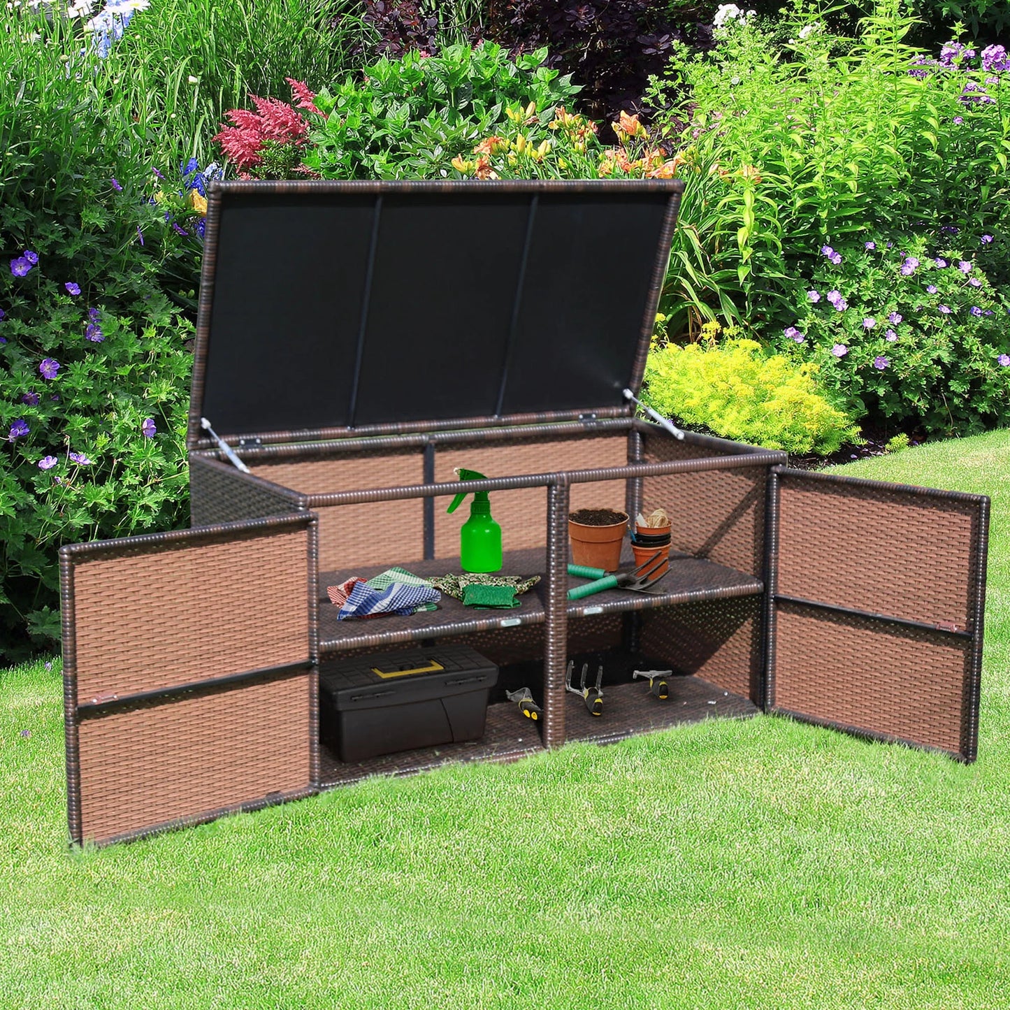 Gymax 88 Gallon Rattan Storage Box Outdoor Patio Container Seat w/Door Mix Brown