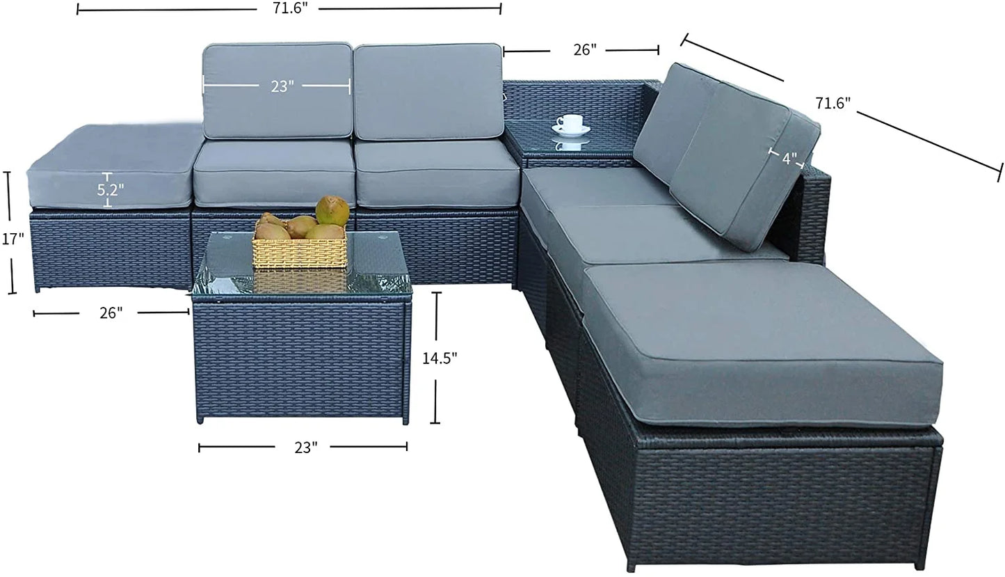Mcombo Aluminum Outdoor Patio Furniture Sectional Set Black Wicker Sofa All-weather Resin Rattan Conversation Chair with Cushions 6080-1007 Cw