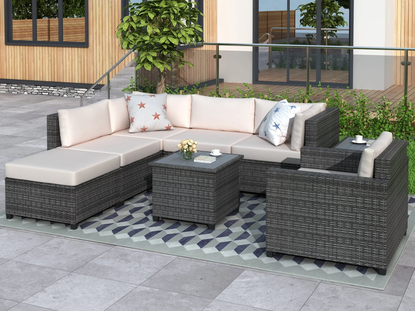 EUROCO 8PCS Patio Sofa Set Outdoor Furniture Sectional All-Weather Wicker Rattan Sofa Beige