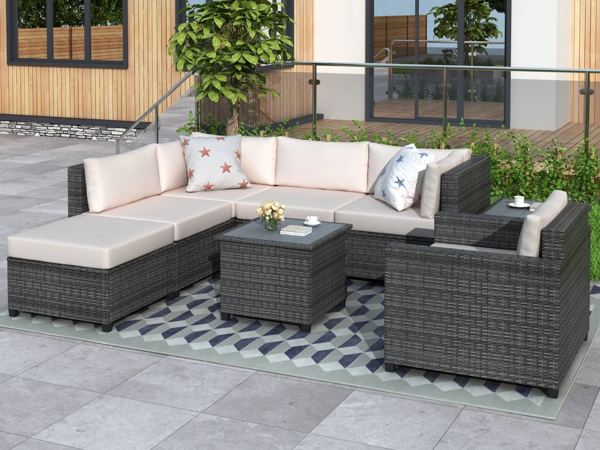 EUROCO 8PCS Patio Sofa Set Outdoor Furniture Sectional All-Weather Wicker Rattan Sofa Beige