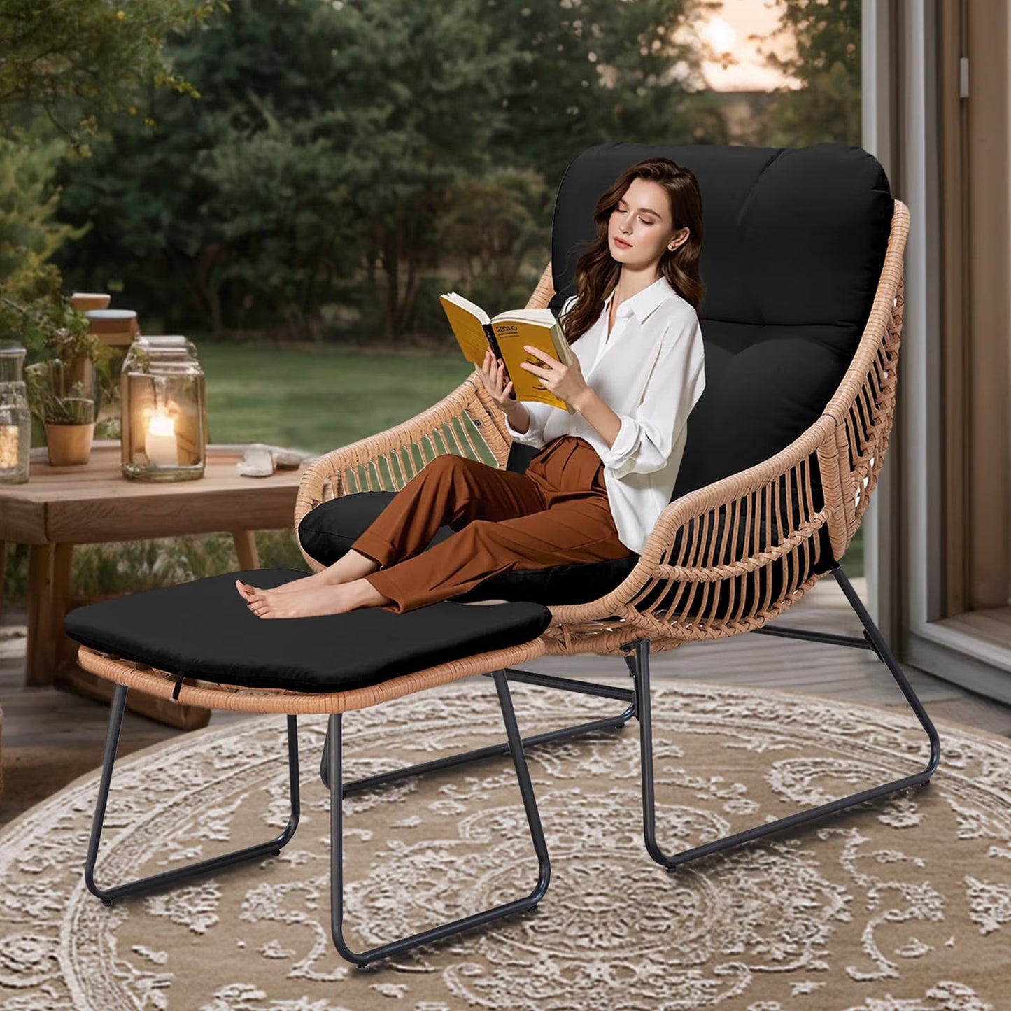 Tappio Wicker Papasan Egg Chair with Ottoman, Outdoor Patio Basket Lounge Chair Indoor Oversized Egg Lounger with Thick Cushion for Living Room Bedroom Balcony Porch, Black