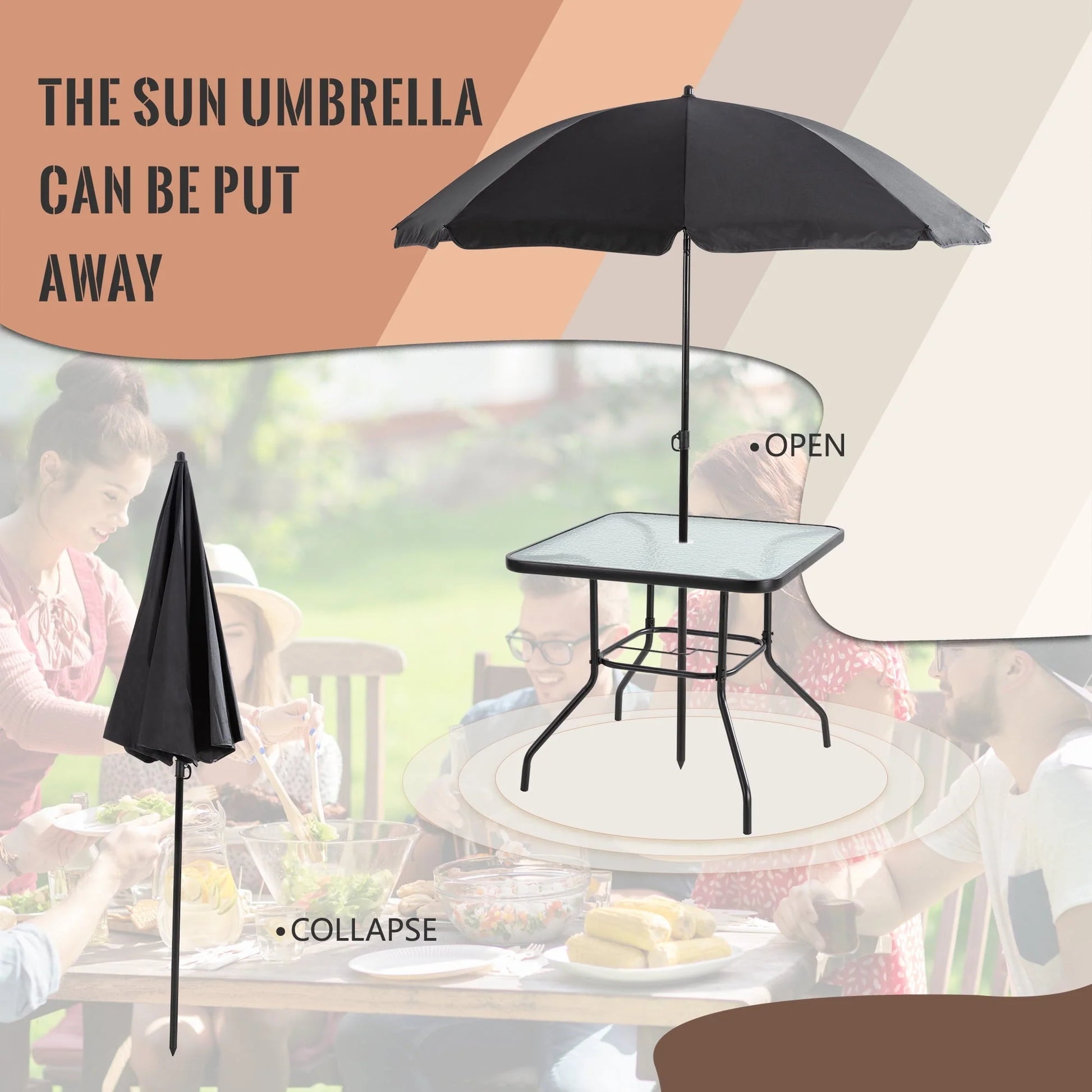 Sobaniilo 6 Piece Folding Outdoor Dining Set for 4, Metal Patio Garden Patio Furniture Table and Chair Set with Umbrella, Black