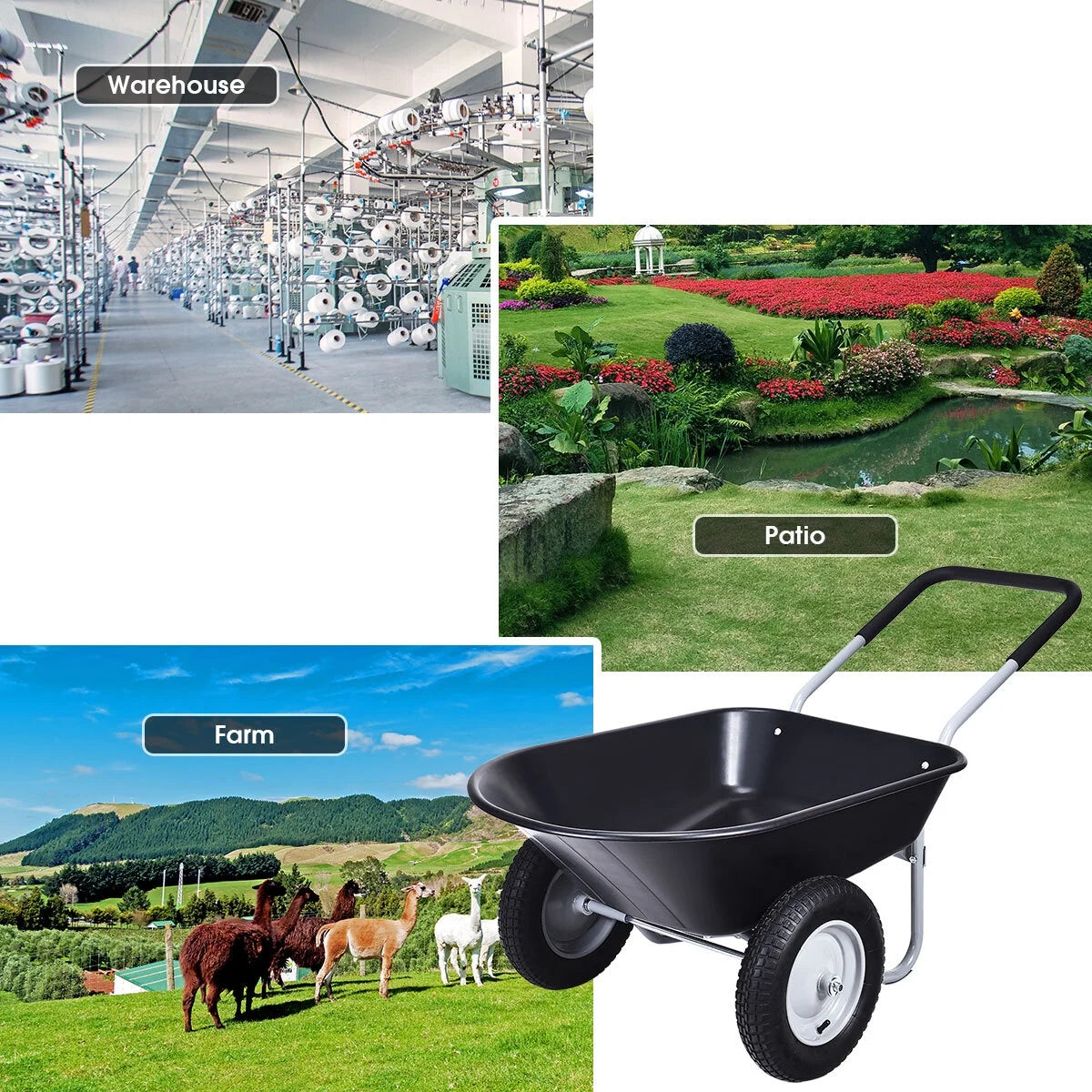 JWRWEF 2-Tire Wheelbarrow Garden Cart, Heavy-Duty Steel Frame & PP Tub, 330 lbs Capacity, Dual Pneumatic Tires Utility Dolly for Lawn, Farm, Patio, and Warehouse - Black