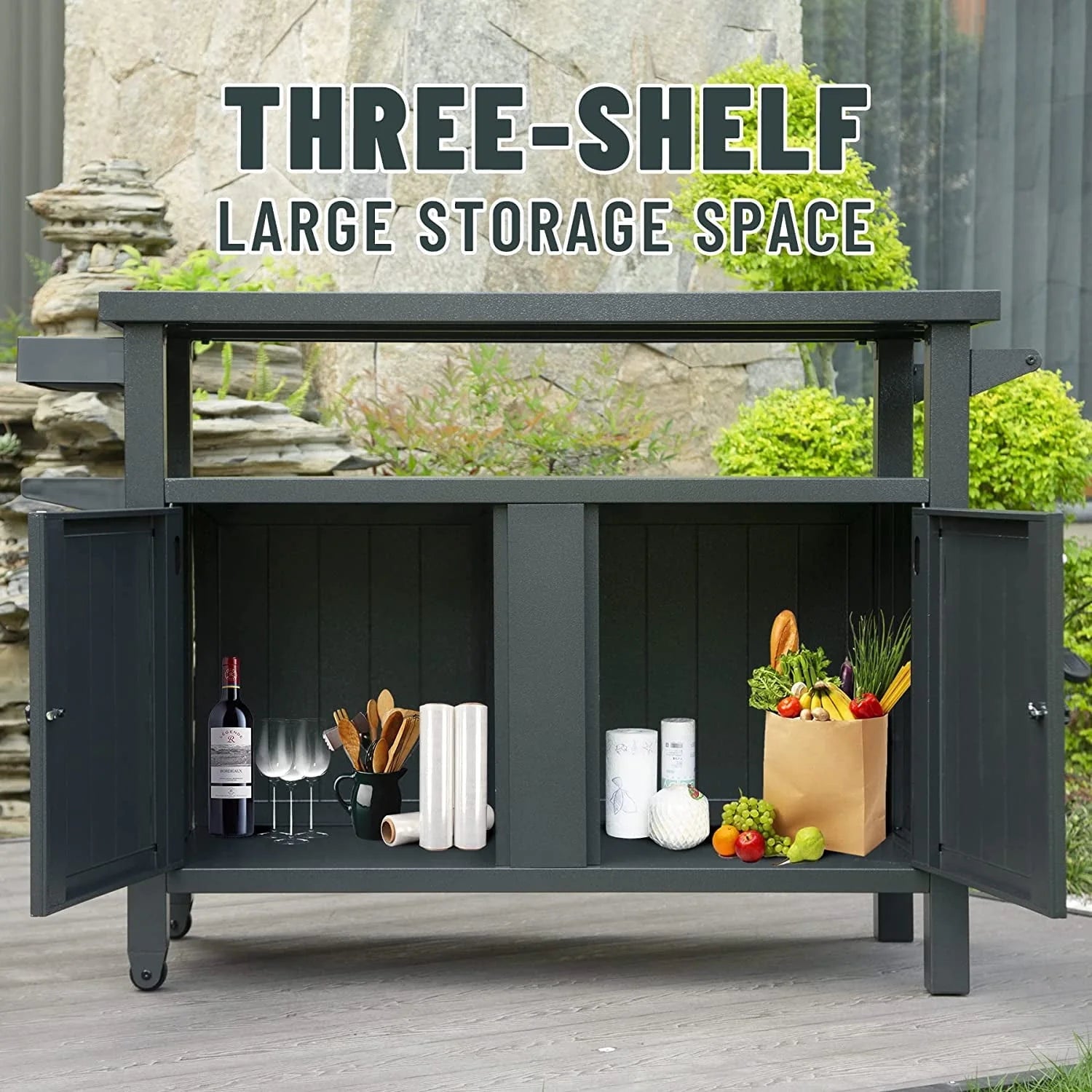 Domi Grill Carts Outdoor with Storage and Wheels, Whole Metal Portable Table and Storage Cabinet for BBQ,Deck,Patio,Backyard(Dark Grey,L45x W20.31x H35.51 Inch)