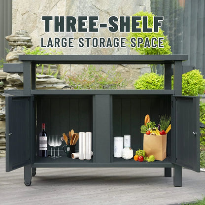 Domi Grill Carts Outdoor with Storage and Wheels, Whole Metal Portable Table and Storage Cabinet for BBQ,Deck,Patio,Backyard(Dark Grey,L45x W20.31x H35.51 Inch)