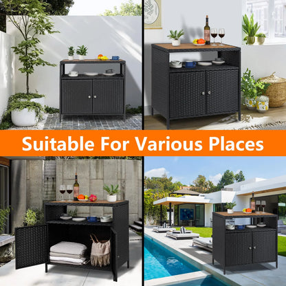 Litake Outdoor Wicker Storage Cabinet All Weather Resin Patio Bar Table, Black and Brown