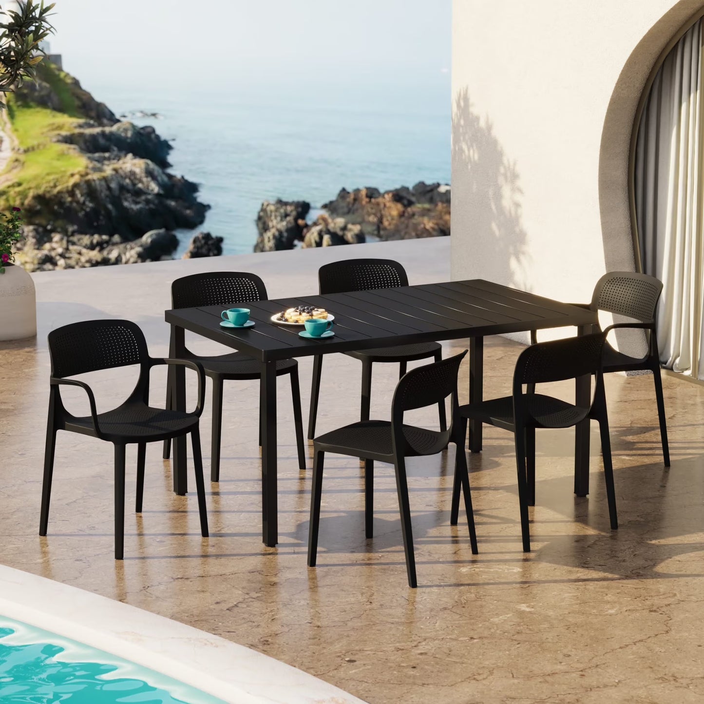 WestinTrends Playa 7-Piece Outdoor Rectangular Metal Patio Dining Table Set With Stackable Patio Dining Chairs, Red