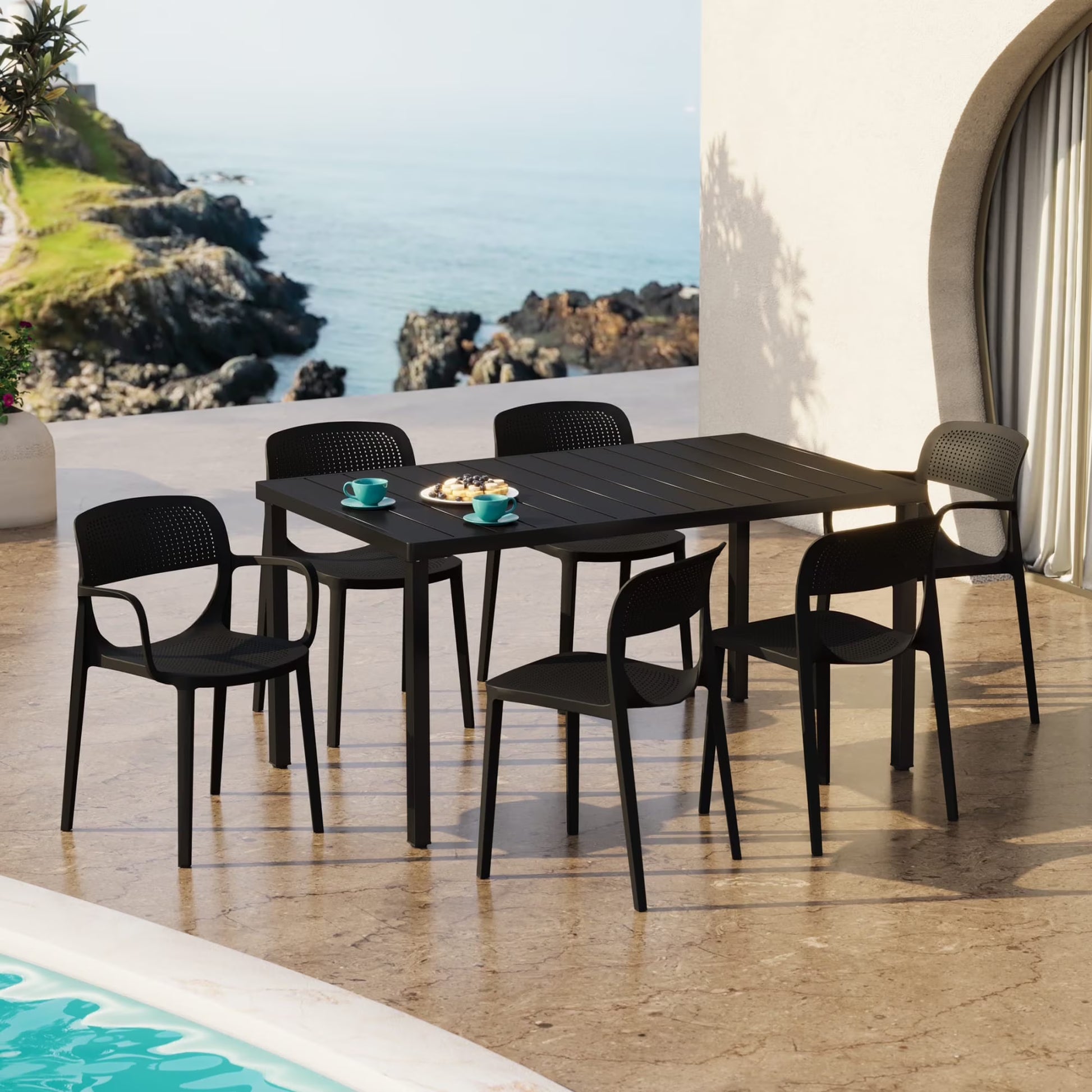 WestinTrends Playa 7-Piece Outdoor Rectangular Metal Patio Dining Table Set With Stackable Patio Dining Chairs, Red