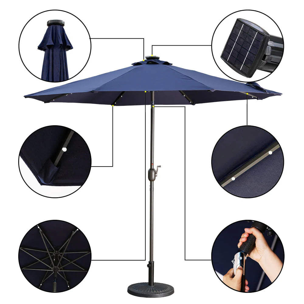 9ft Patio Umbrella Outdoor Market 32 LED Solar Umbrella with Tilt and Crank(Navy Blue)