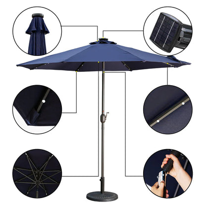 9ft Patio Umbrella Outdoor Market 32 LED Solar Umbrella with Tilt and Crank(Navy Blue)