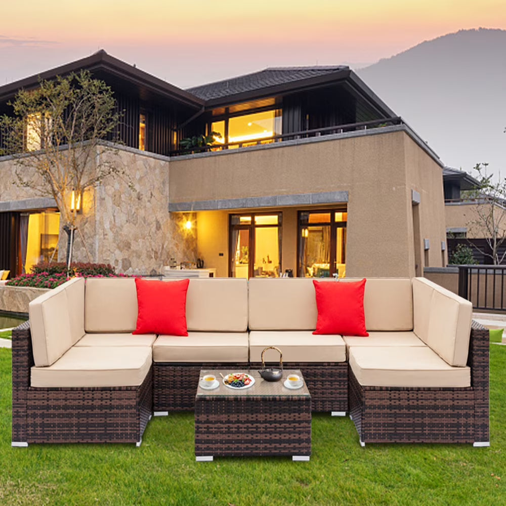 7 Pieces Patio Funiture Set, Outdoor Furniture Sectional Sofa Set,Manual Wicker Rattan Patio Conversation Set Heavy-duty Frame, with Cushions and Table, Gray