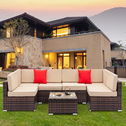 7 Pieces Patio Funiture Set, Outdoor Furniture Sectional Sofa Set,Manual Wicker Rattan Patio Conversation Set Heavy-duty Frame, with Cushions and Table, Gray