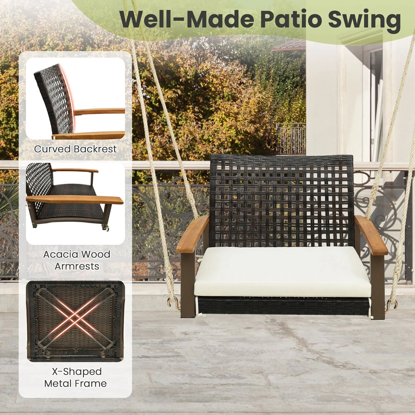 Gymax Rattan Porch Swing Patio Wicker Single Hanging Seat w/Seat Cushion & Acacia Wood Armrests