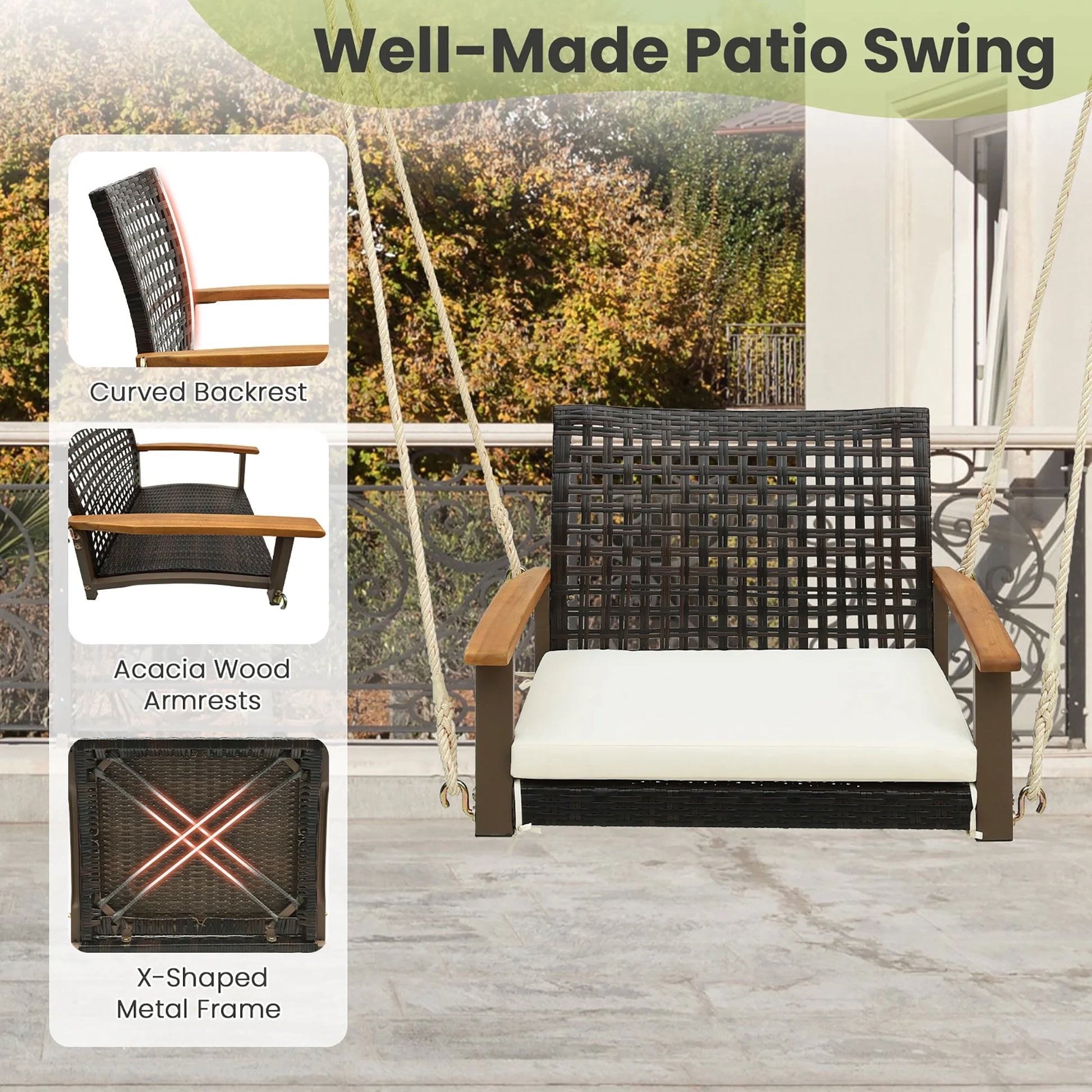 Gymax Rattan Porch Swing Patio Wicker Single Hanging Seat w/Seat Cushion & Acacia Wood Armrests