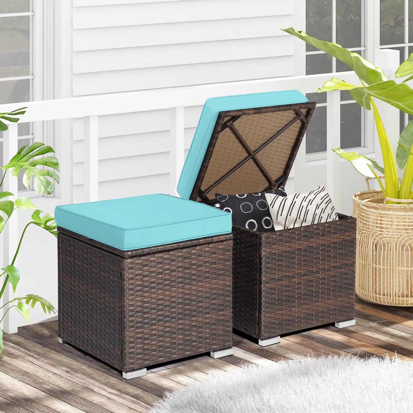 Gymax 2PCS Outdoor Patio Ottomans Hand-Woven PE Wicker Footstools w/Removable Cushions Grey