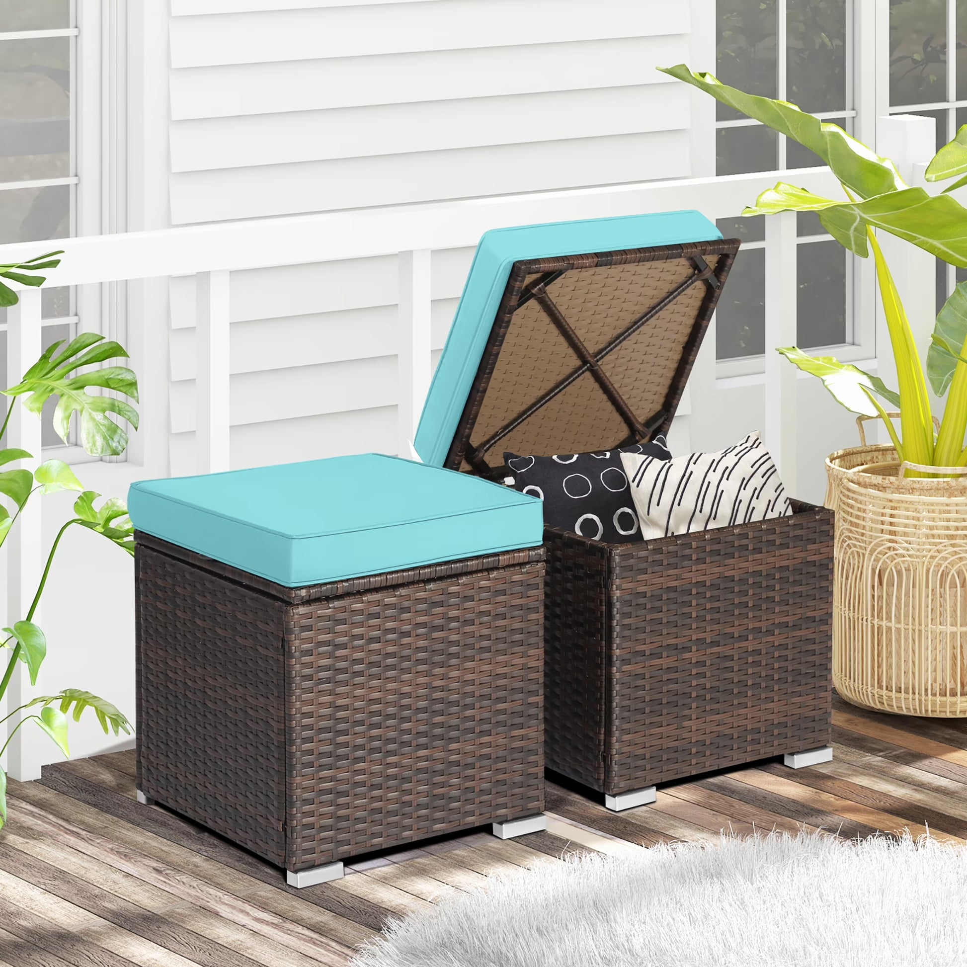 Gymax 2PCS Outdoor Patio Ottomans Hand-Woven PE Wicker Footstools w/Removable Cushions Grey