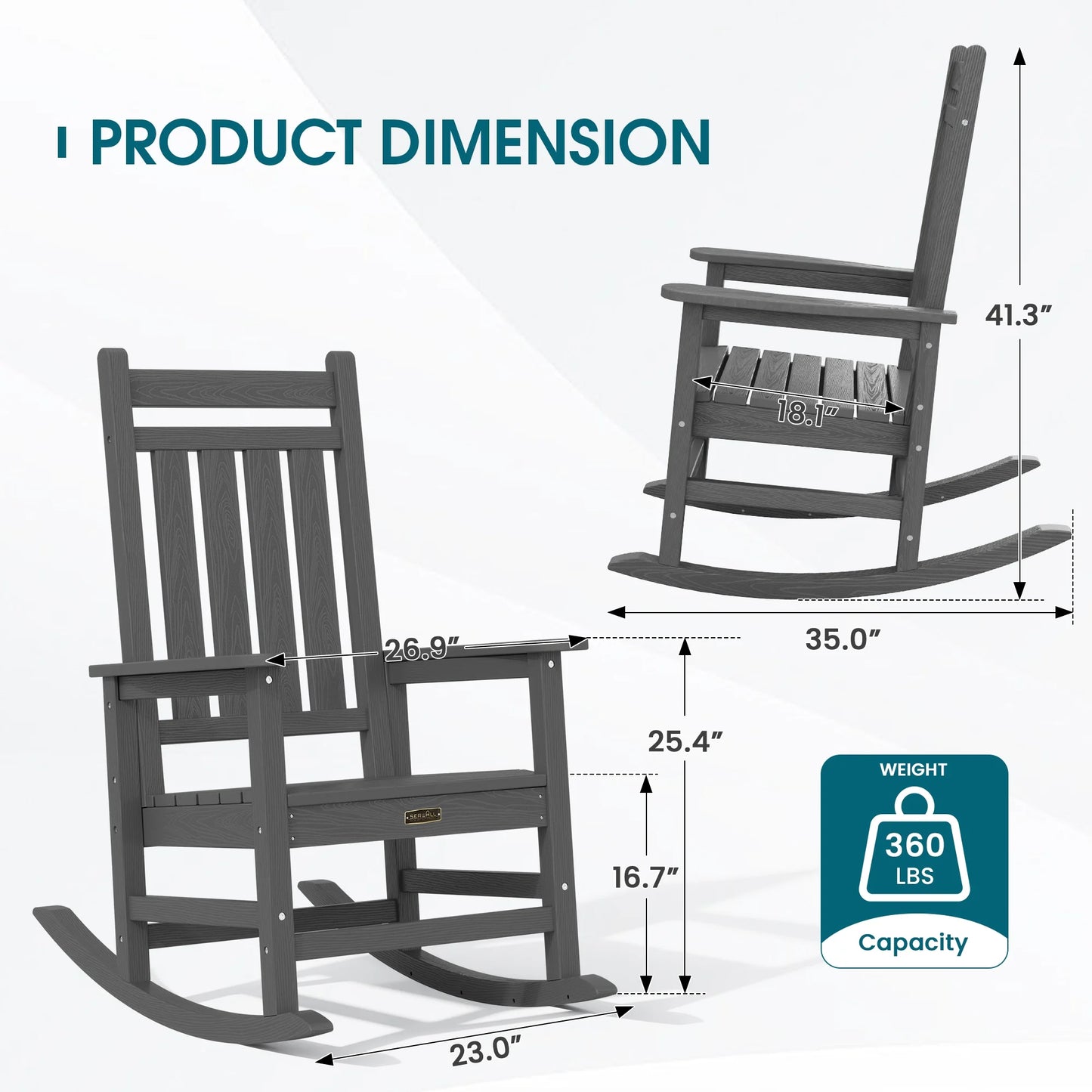 SERWALL Outdoor Rocking Chair, HDPE Patio Rocker for Lawn, Porch, Grey