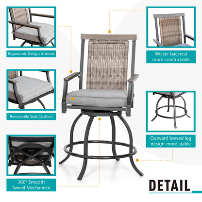 Sophia & William 3 Pieces Patio Outdoor Bar Stools Bistro Set Rattan Wicker Chairs & Square Metal Table Furniture Set