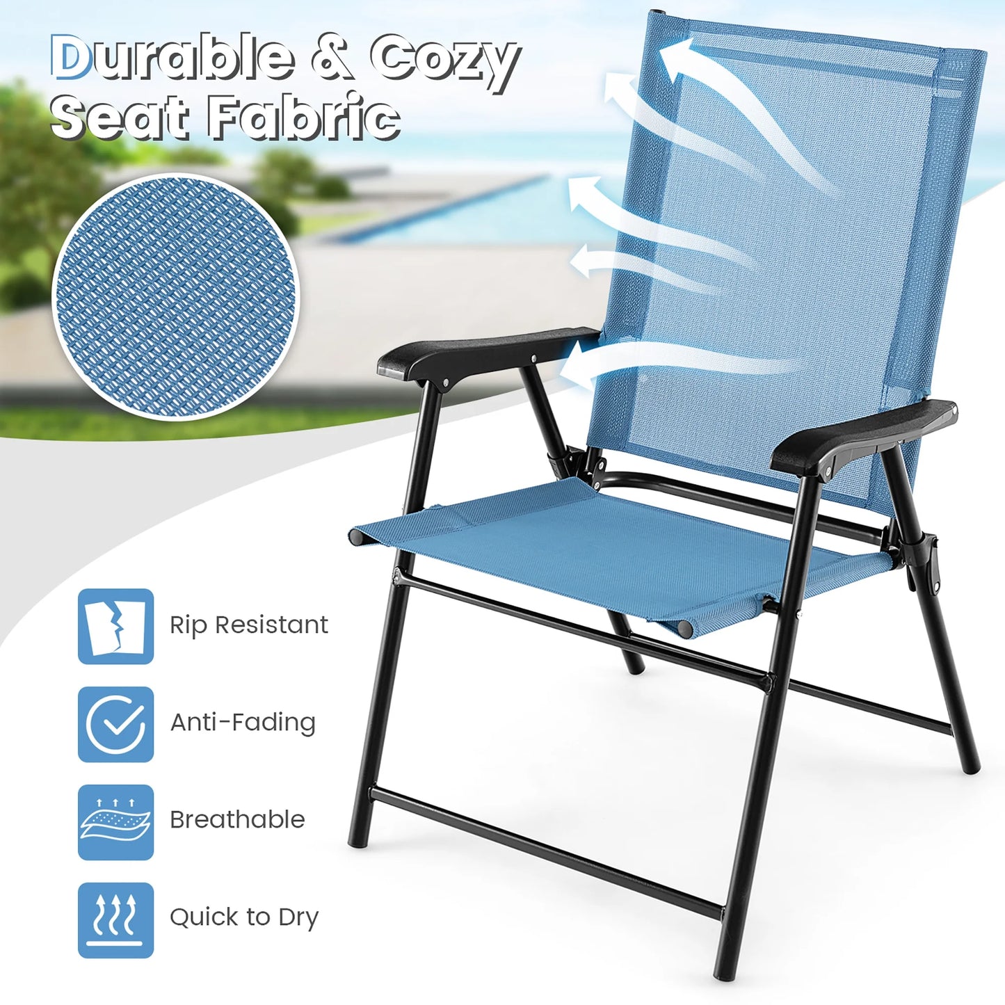 Gymax Patio Metal Camping Breathable and Rip-resistant Folding Chairs, Blue (Set of 4)