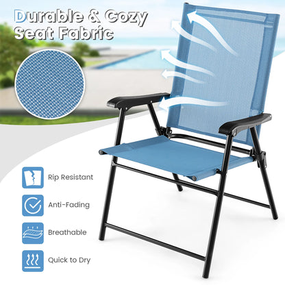 Gymax Patio Metal Camping Breathable and Rip-resistant Folding Chairs, Blue (Set of 4)