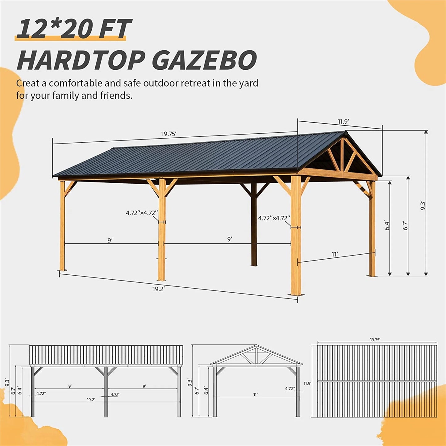 Mondawe 12x20ft Hardtop Gazebo, Galvanized Steel Gable Roof Gazebo Pergola with Wood Grain Aluminum Frame, Outdoor Permanent Gazebo Pavilion for Patio, Garden (Yellow Brown)
