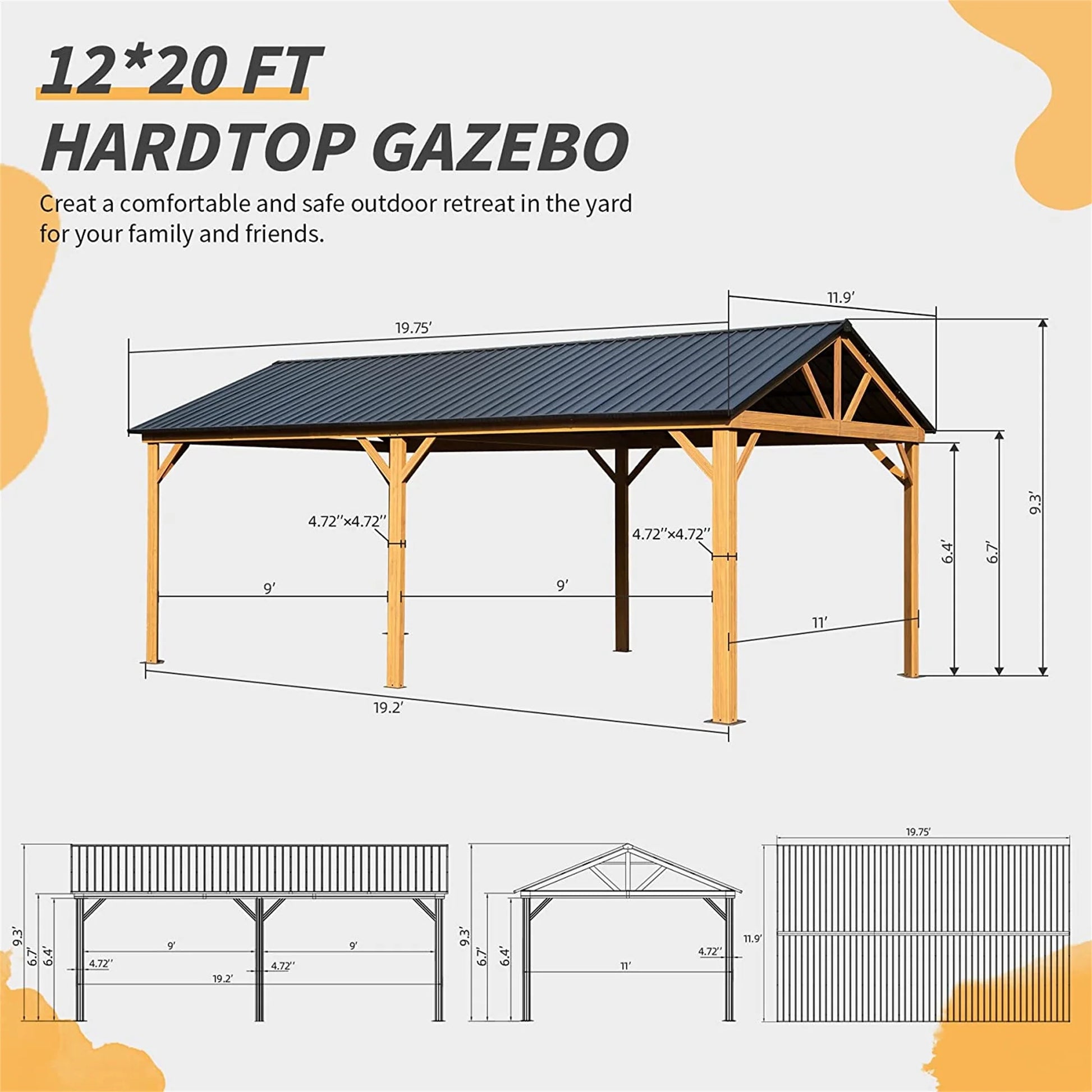 Mondawe 12x20ft Hardtop Gazebo, Galvanized Steel Gable Roof Gazebo Pergola with Wood Grain Aluminum Frame, Outdoor Permanent Gazebo Pavilion for Patio, Garden (Yellow Brown)