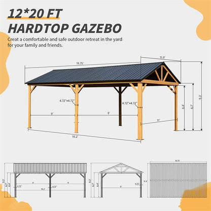 Mondawe 12x20ft Hardtop Gazebo, Galvanized Steel Gable Roof Gazebo Pergola with Wood Grain Aluminum Frame, Outdoor Permanent Gazebo Pavilion for Patio, Garden (Yellow Brown)