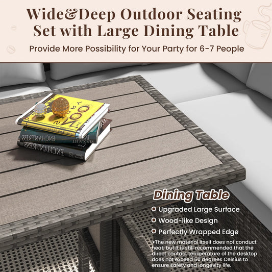 AECOJOY 7 Piece Patio Furniture Set PE Rattan Outdoor Dining Set Sectional Sofa Couch with Table Patio Conversation Set in Gray