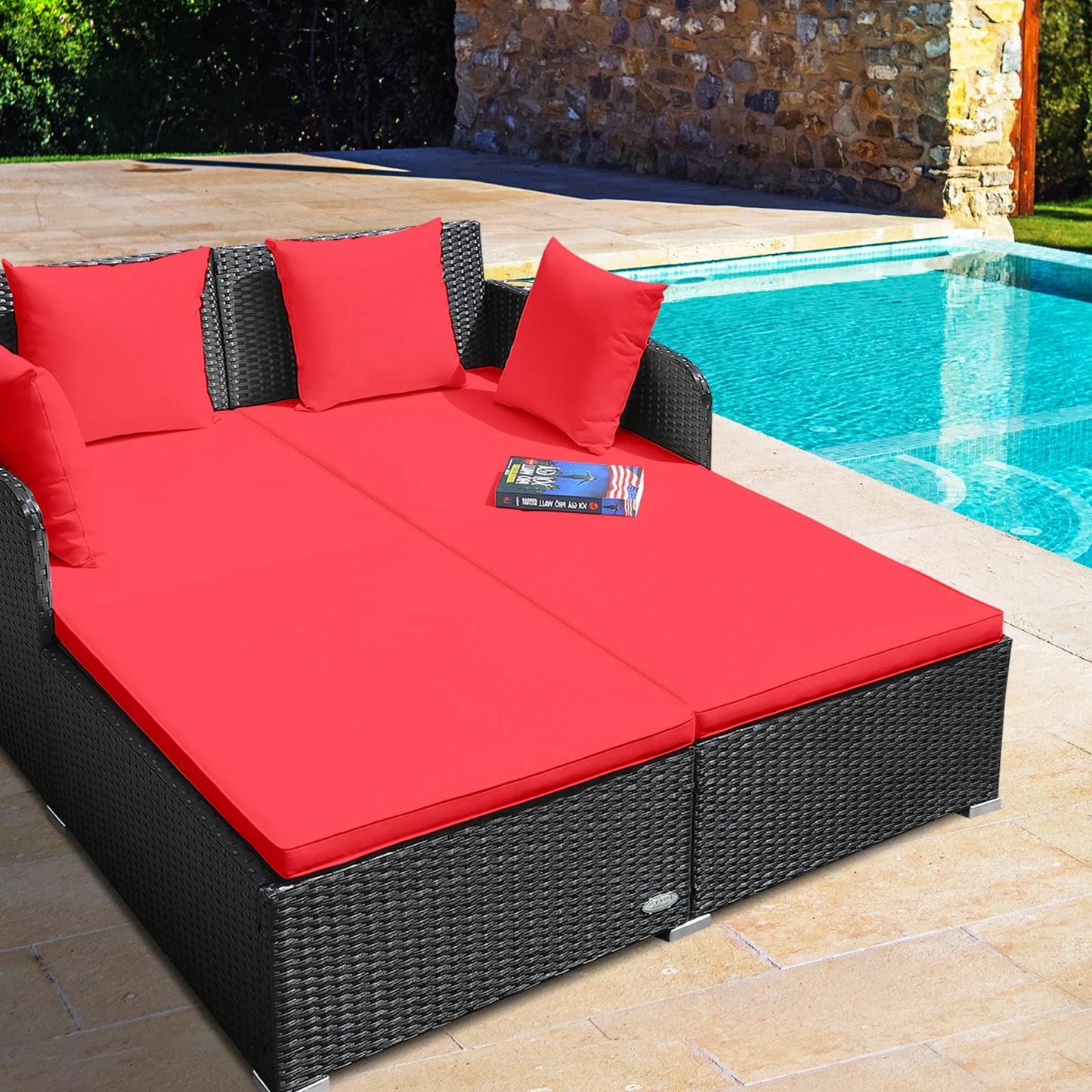 Giantex Rattan Daybed Patio Loveseat Sofa Set , Wicker Patio Furniture w/Padded Cushion & and Sturdy Foot, Red