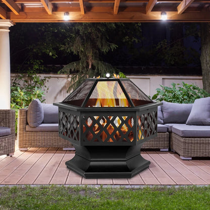Outdoor Wood Burning Fire Pit, 24" Hexagon Metal Fire Pit for Patio with Poker, Spark Screen, Hex Shaped Fire Pit BBQ Grill, Garden Firepit Stove for Camping Picnic Bonfire Backyard, JA2419
