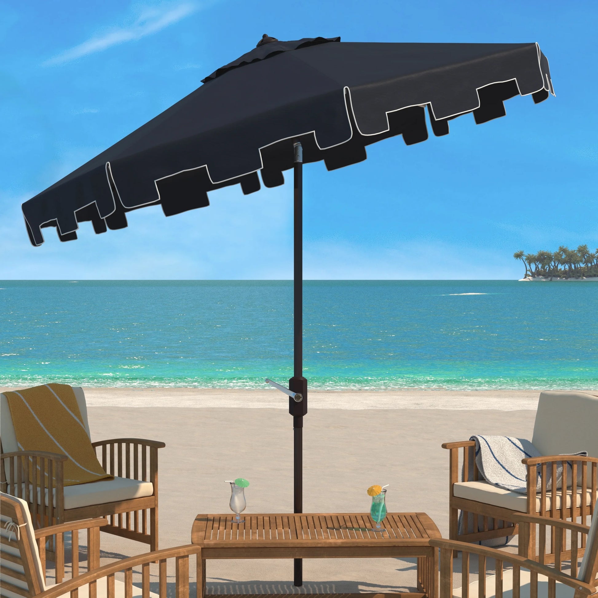 SAFAVIEH Zimmerman 11' Market Crank Round Patio Umbrella, Baby Blue/White