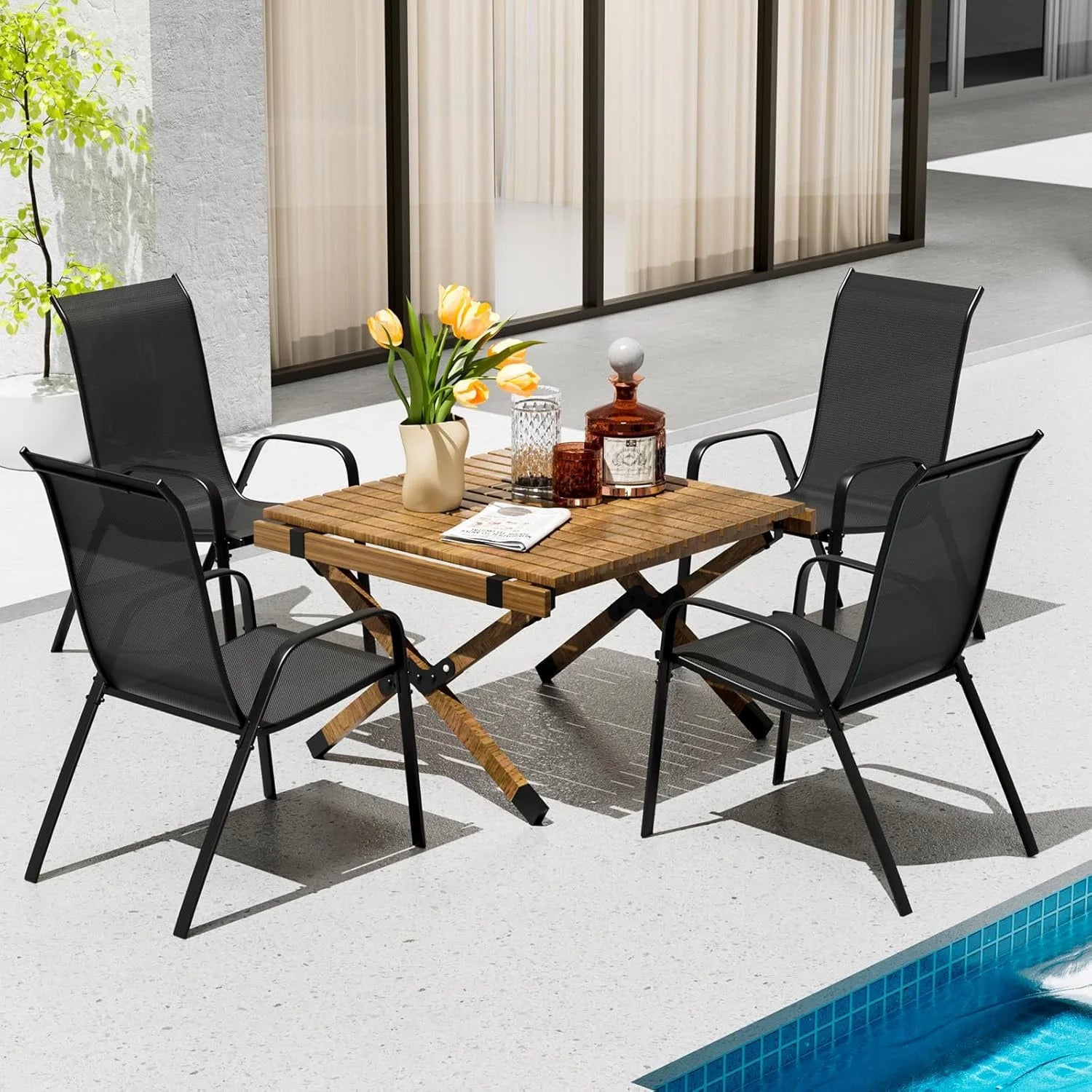LAZY BUDDY Patio Chairs Set of 4, Stackable Outdoor Dining Chairs, Heavy Duty Breathable Chairs for Backyard, Garden, Lawn 330lbs