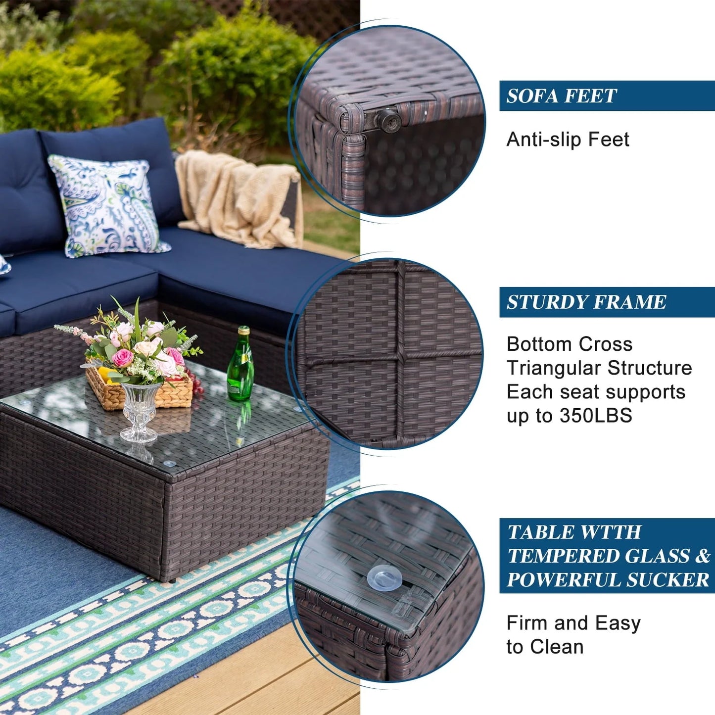 MF Studio 3 Pieces Outdoor Sectional Sofa Set Wicker Patio Furniture Conversation Set with Navy Blue Cushions