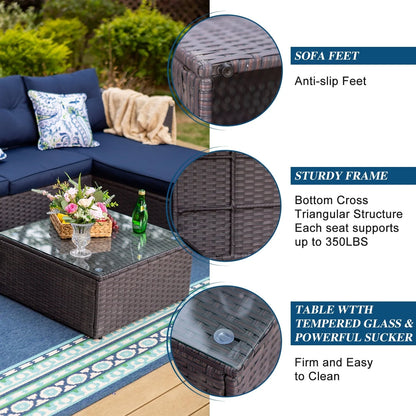 MF Studio 3 Pieces Outdoor Sectional Sofa Set Wicker Patio Furniture Conversation Set with Navy Blue Cushions