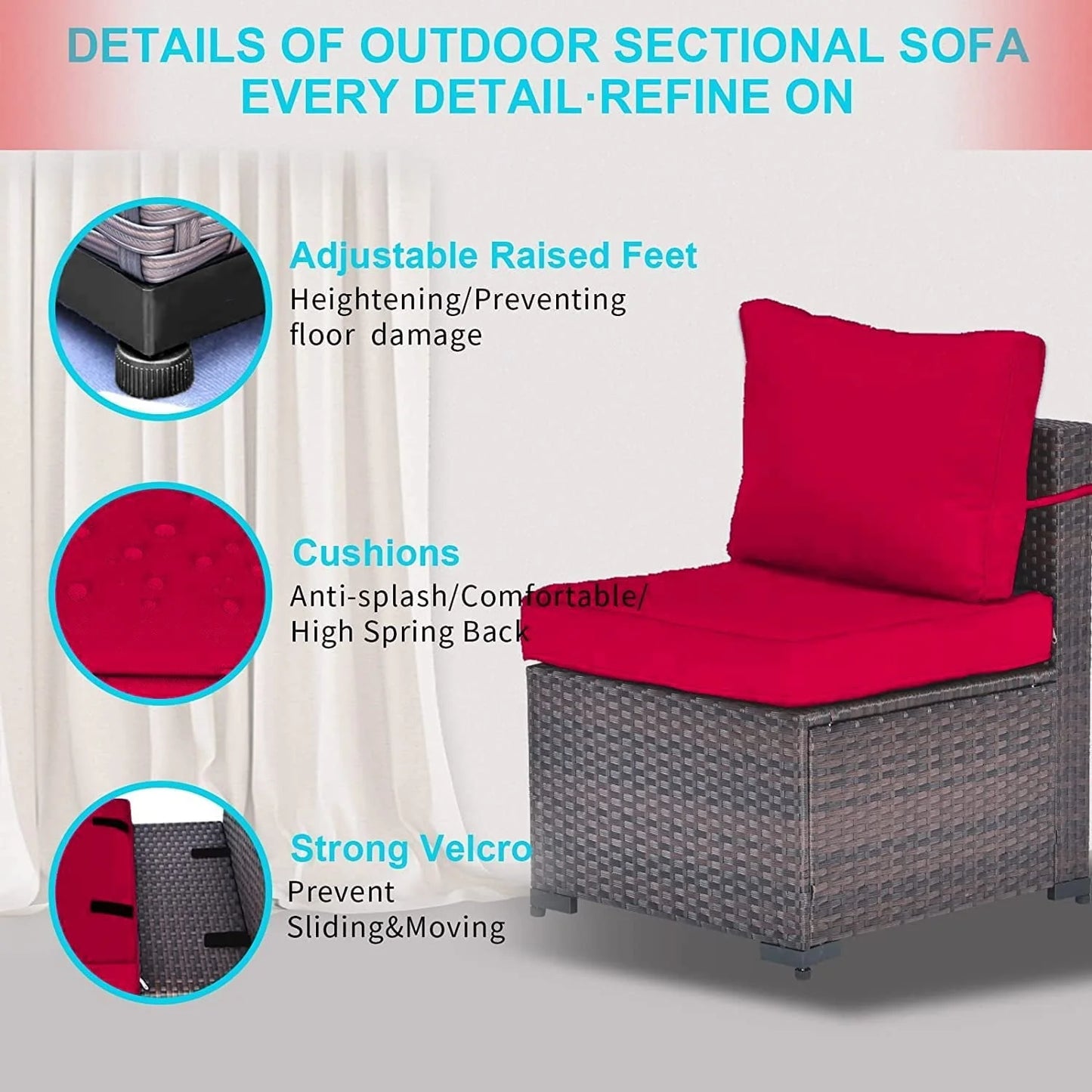 Gotland Outdoor Patio Furniture Set 8 Pieces Rattan Wicker Sectional Sofa with 43.3" Gas Fire Pit Table,Red